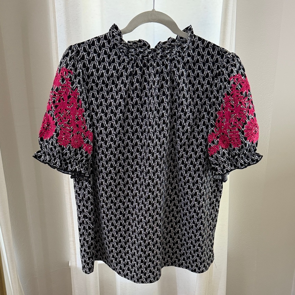 SHEIN Black & White Chain Print Blouse with Hot Pink Floral Sleeves